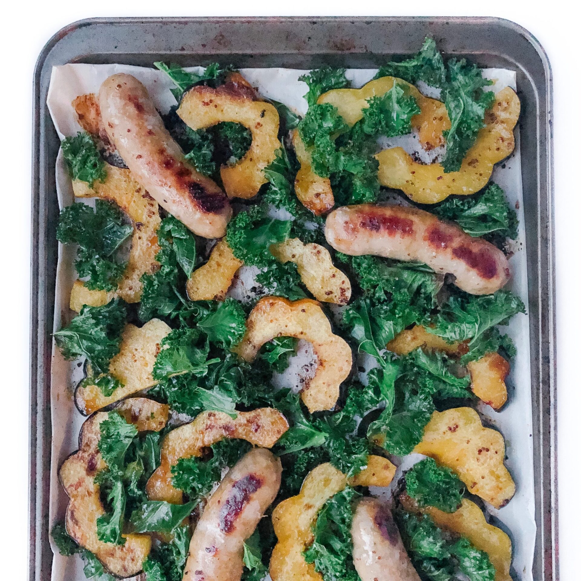 6-ingredient sheet pan sausage with squash and kale