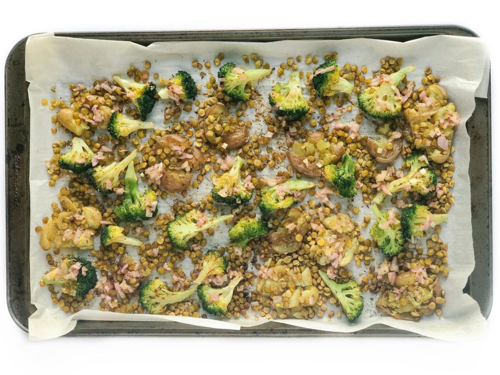 best plant-based recipes for beginners - sheet pan smashed potatoes with crispy lentils and broccoli