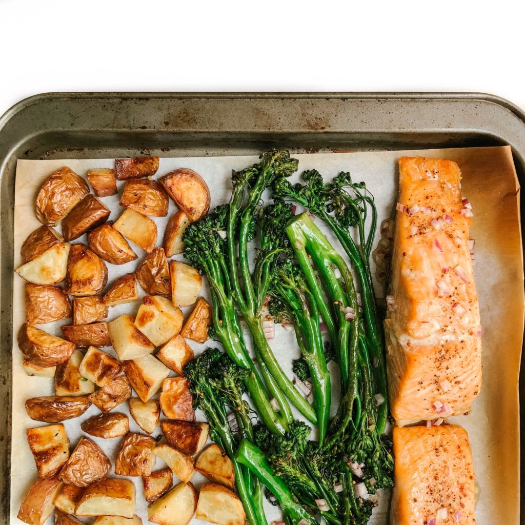 10 Healthy Dinner Recipes Using 6-Ingredients or Less -Sheet Pan Salmon with Potatoes and Broccolini