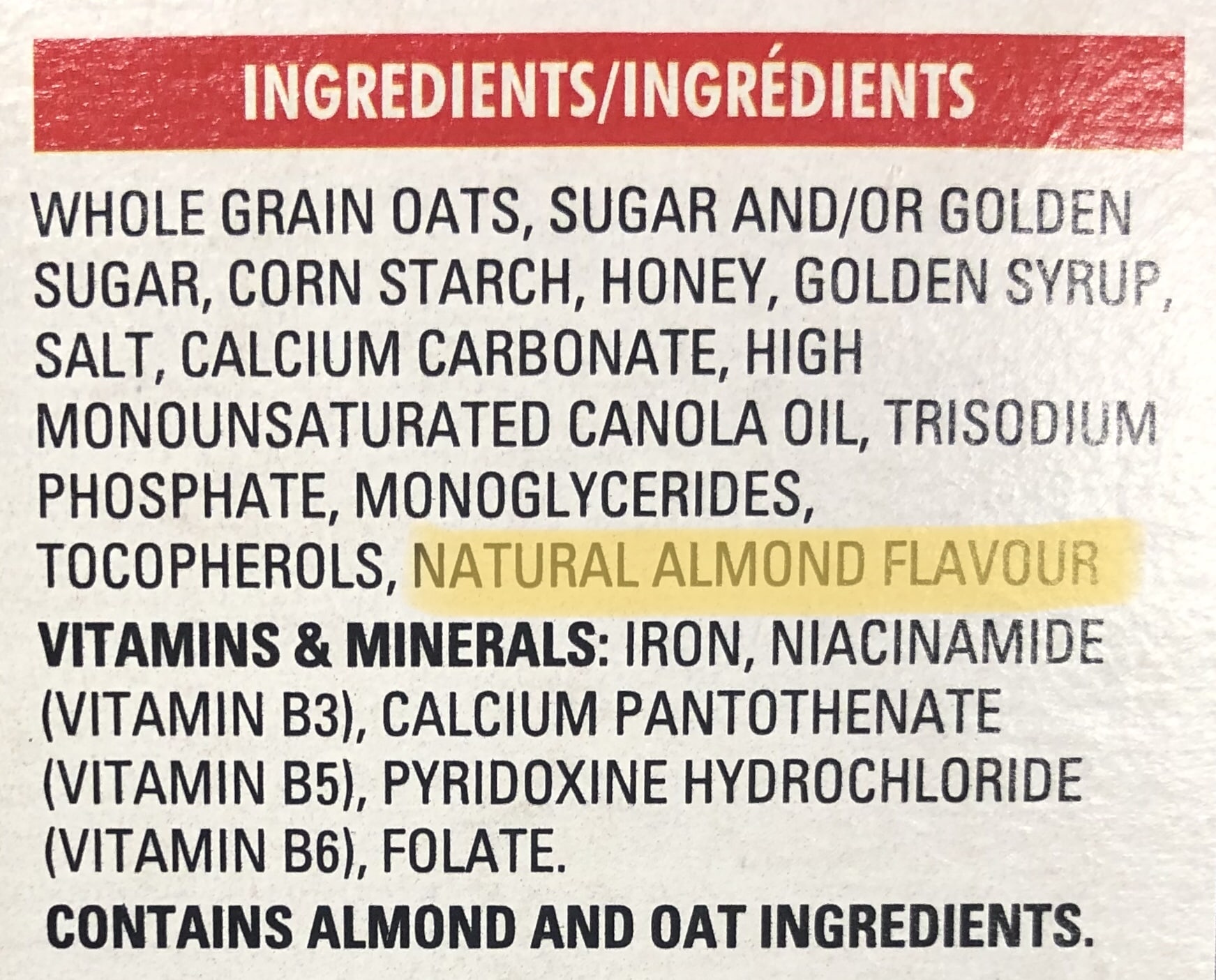 Nutrition label with natural flavours