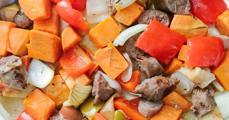 6-Ingredient One-Pan Sausage and Veggie Bake