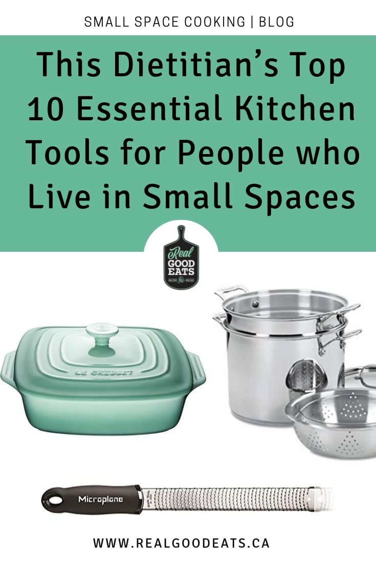 This Dietitian's Top 10 Essential Kitchen Tools for People who Live in Small Spaces blog graphic