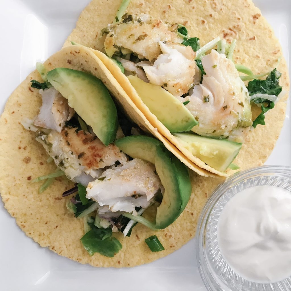 best healthy weeknight taco recipes - halibut fish tacos with cilantro savoy slaw
