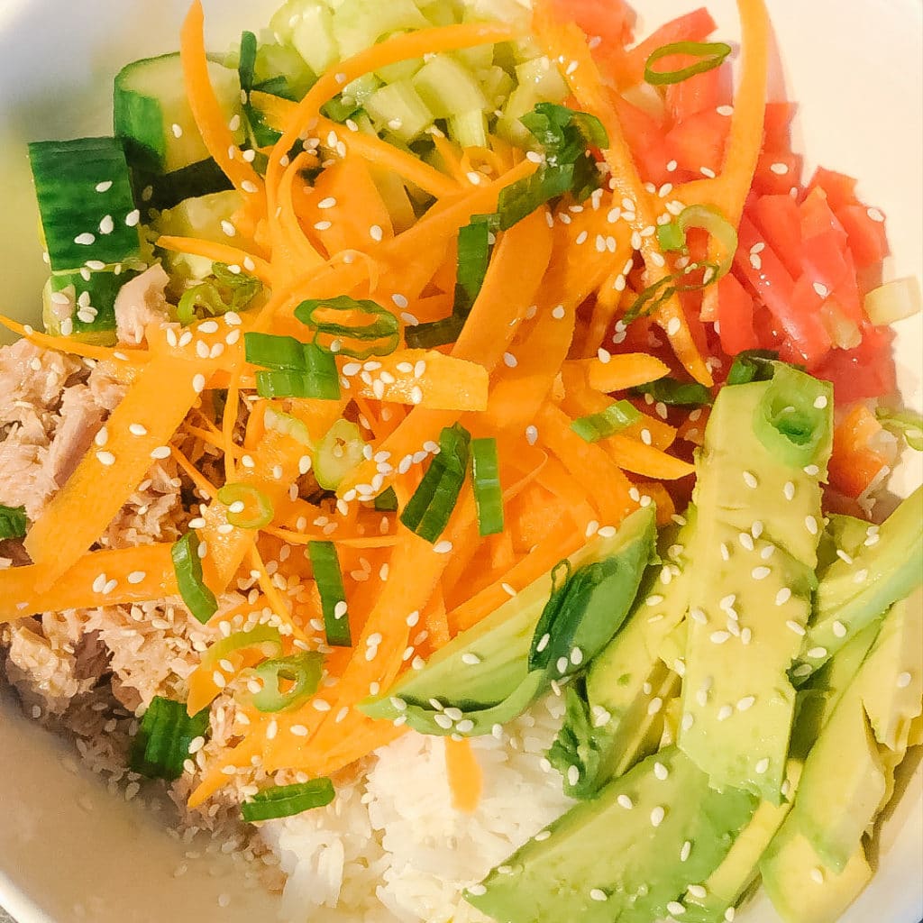 Canned tuna poke bowl close up 