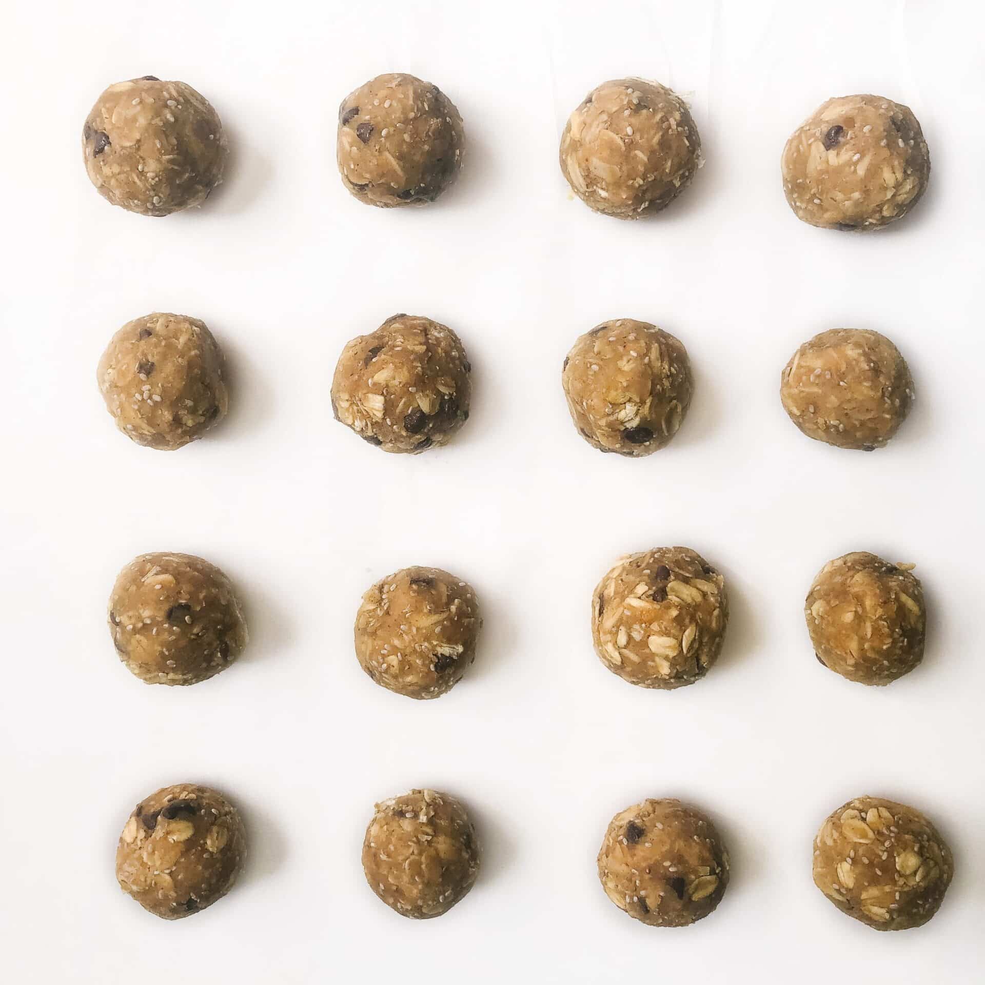 no-bake cookie dough energy bites on white background