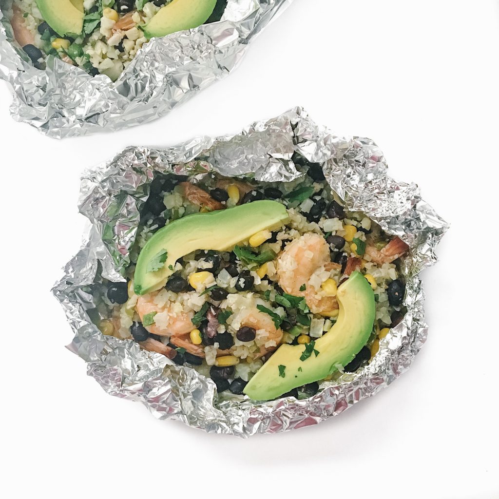 20-minute cilantro lime shrimp and cauliflower rice foil packs