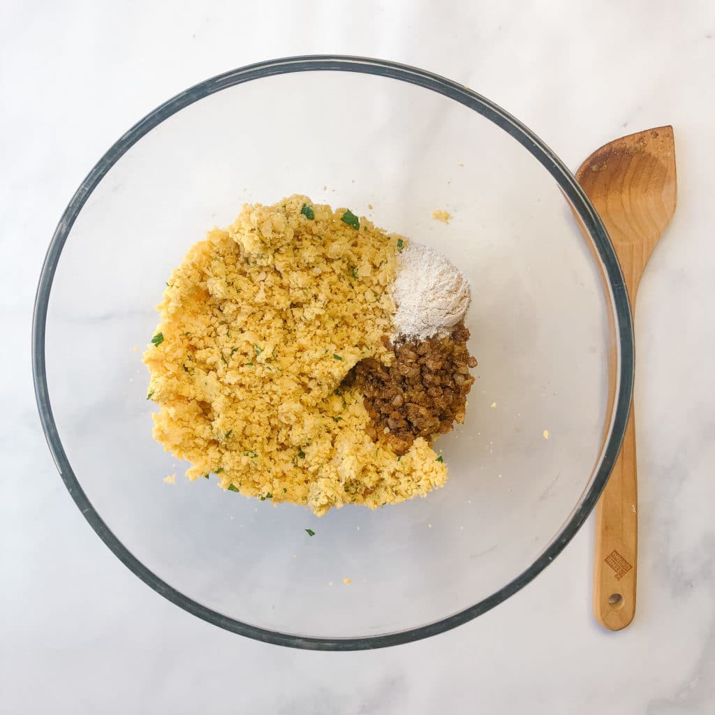 Processed chickpeas with caramelized onions and flour in a bowl