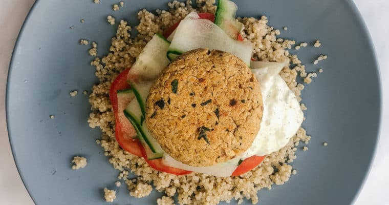 Easy Falafel Inspired Chickpea Patties with Garden Salad and Tzatziki