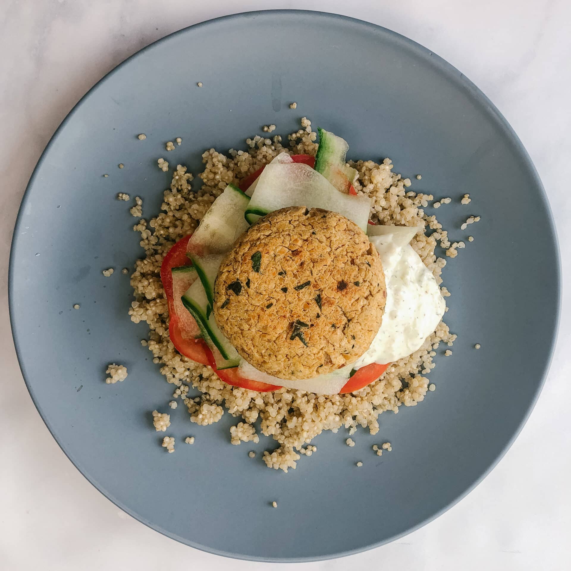 Falafel Inspired Chickpea Patties with Garden Salad and Tzatziki