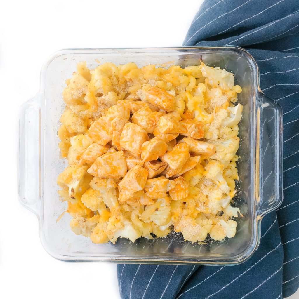 roasted cauliflower macaroni and cheese with buffalo chicken bites