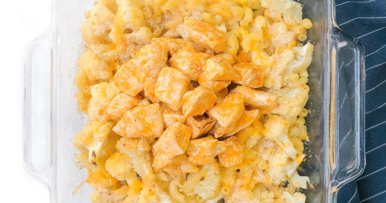 Roasted Cauliflower Macaroni and Cheese with Buffalo Chicken Bites