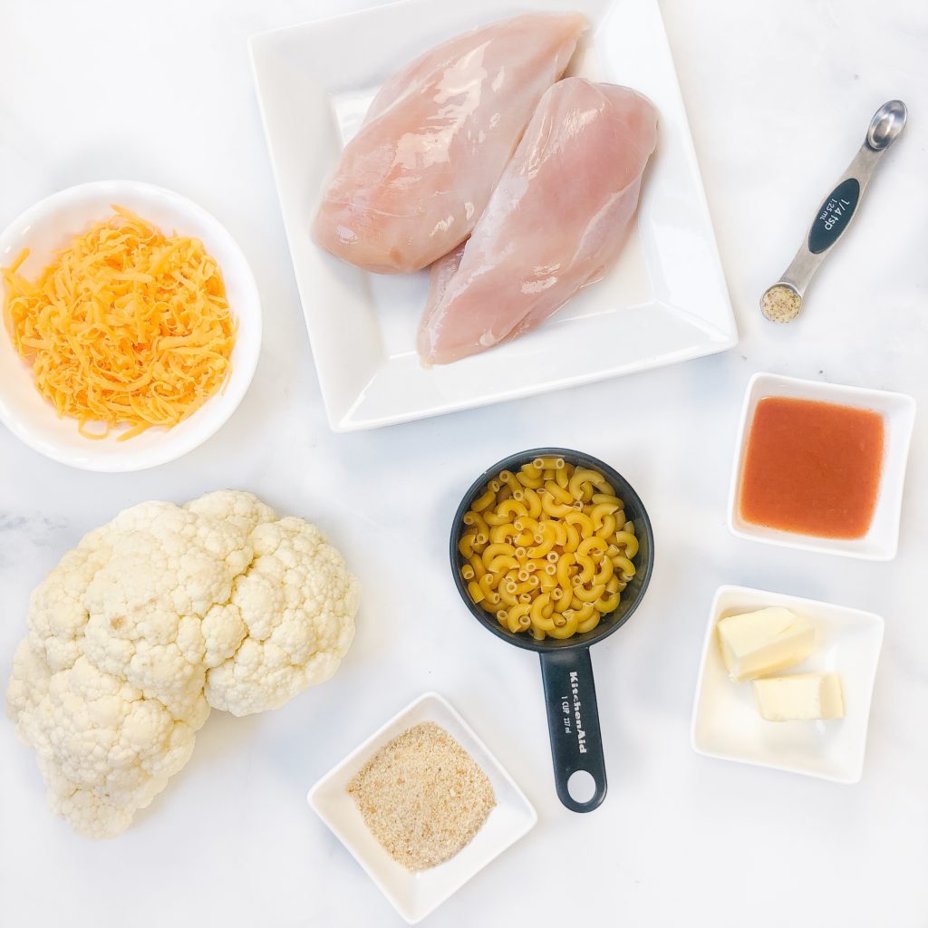 ingredients for roasted cauliflower mac and cheese with buffalo chicken bites