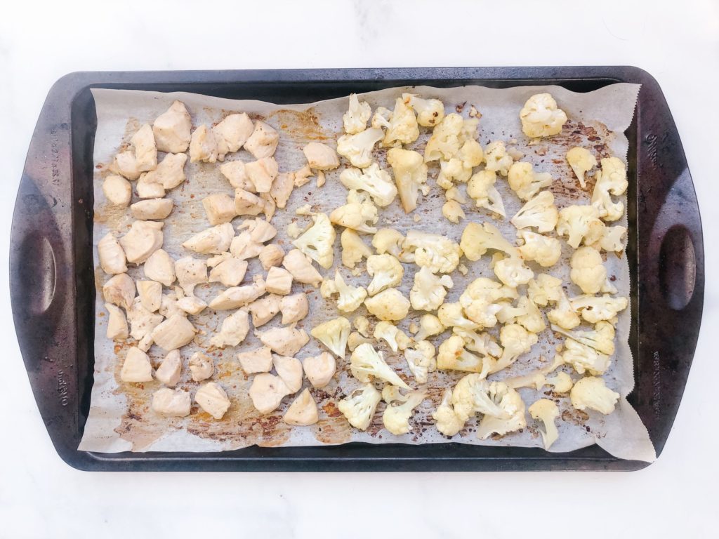 chicken and cauliflower on a sheet pan