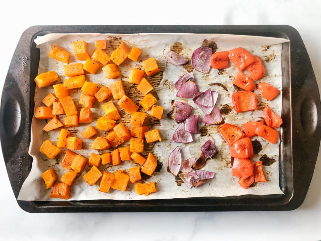 roasted butternut squash, peppers and red onion