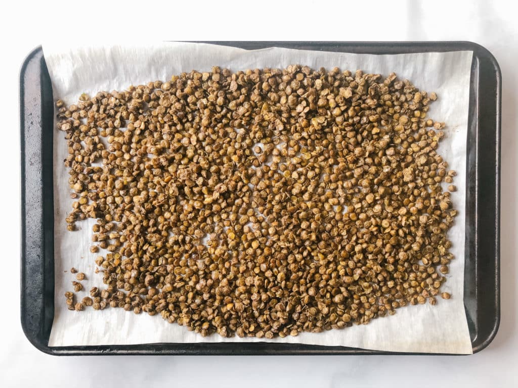 Roasted lentils on a sheet pan