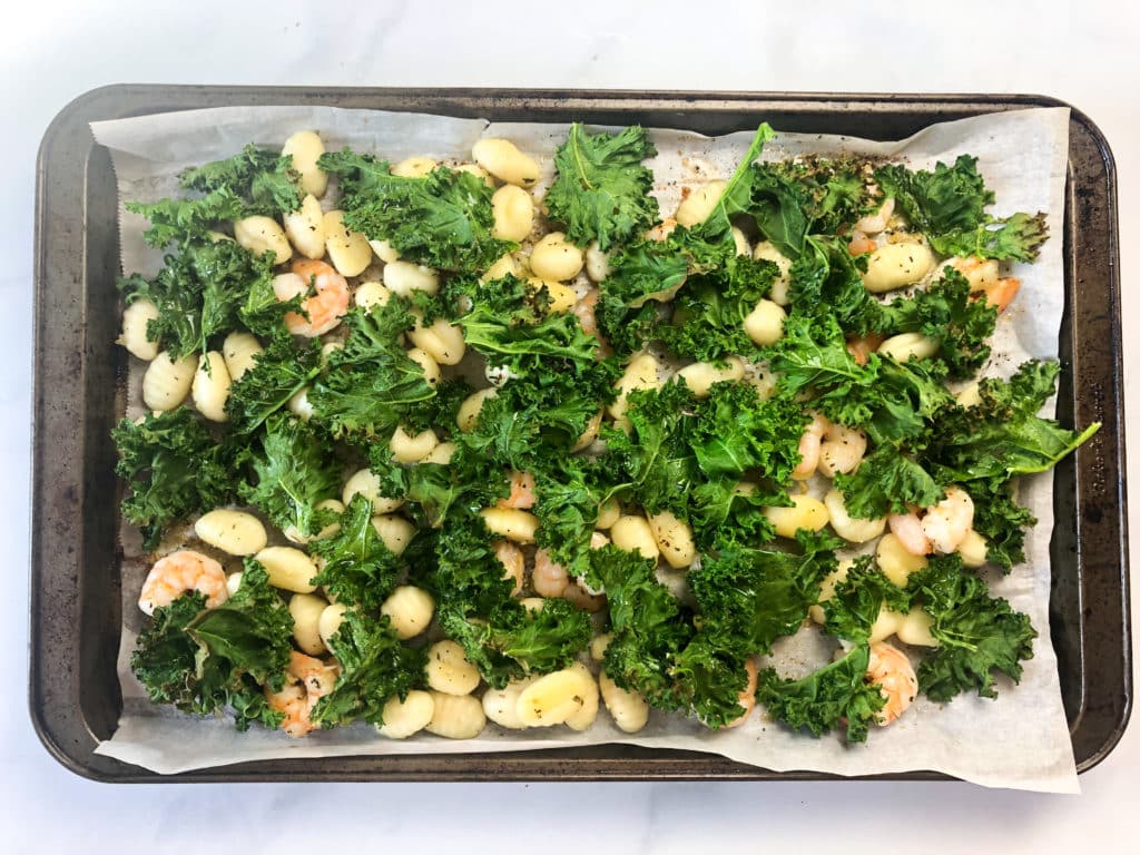 20-minute sheet pan garlicky kale shrimp gnocchi