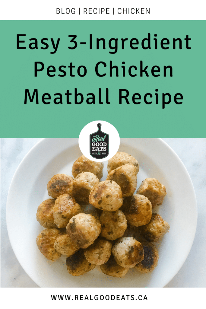 easy 3-ingredient pesto chicken meatball recipe blog graphic