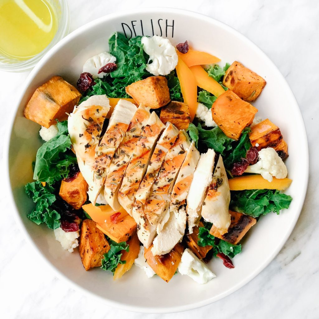 5 Dinner Recipes Using the Same 10 Ingredients  - Sweet potato kale salad with grilled chicken