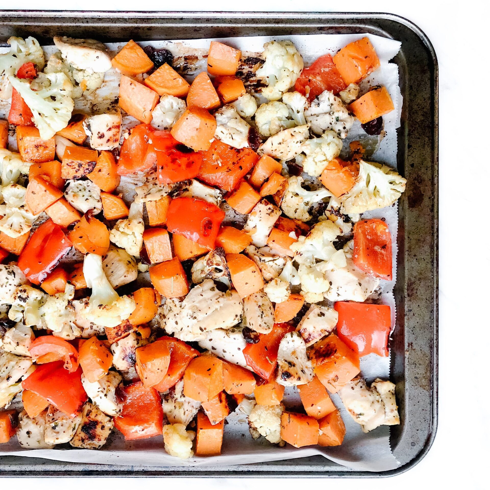 one pan roasted sweet potato chicken and cauliflower