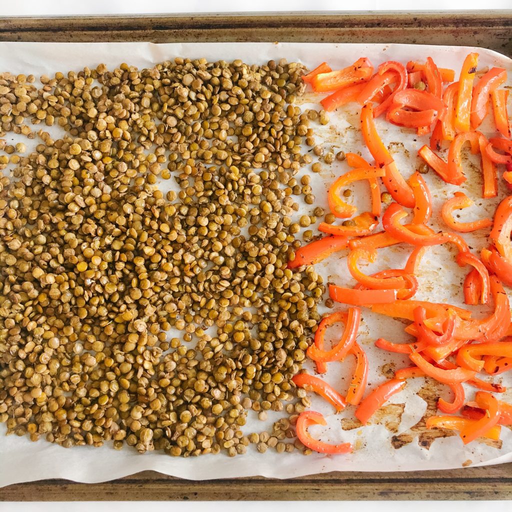 roasted lentils and peppers on a sheet pan 