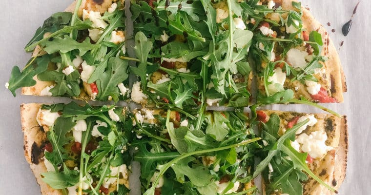 Quick and Healthy Pesto and Goat Cheese Pita Pizza (no prep required)