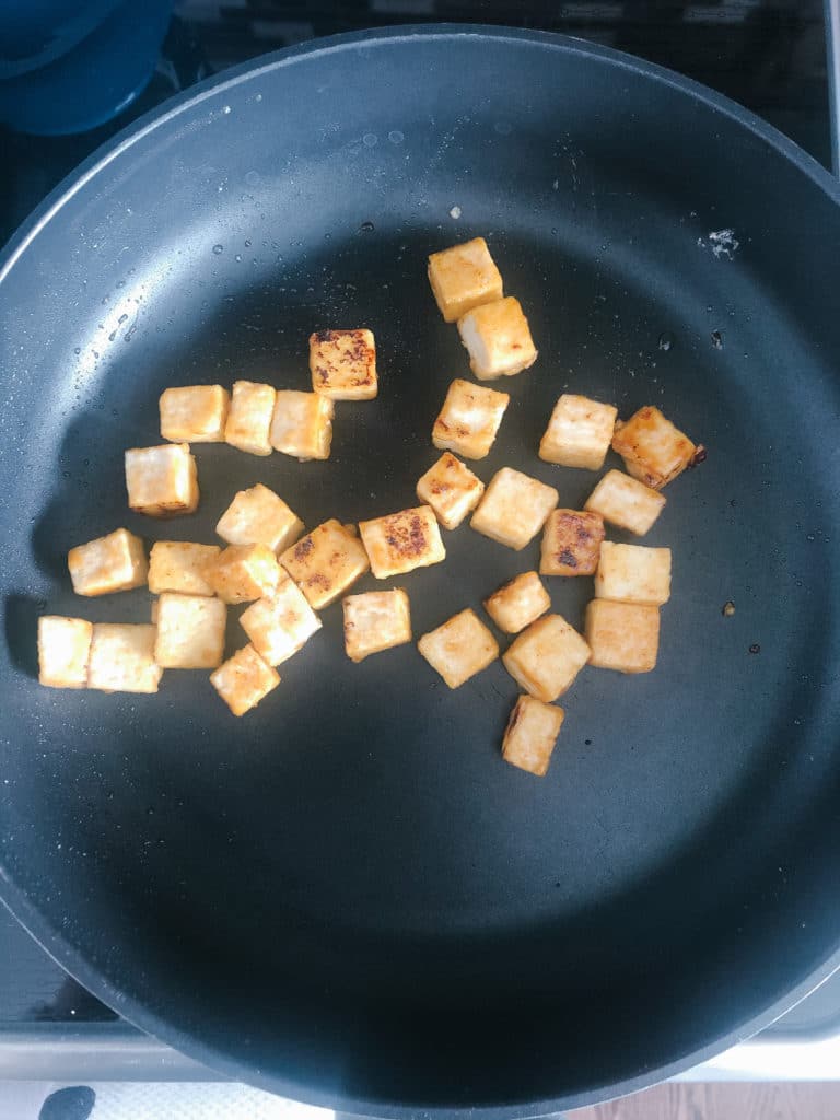 crispy tofu in a skillet