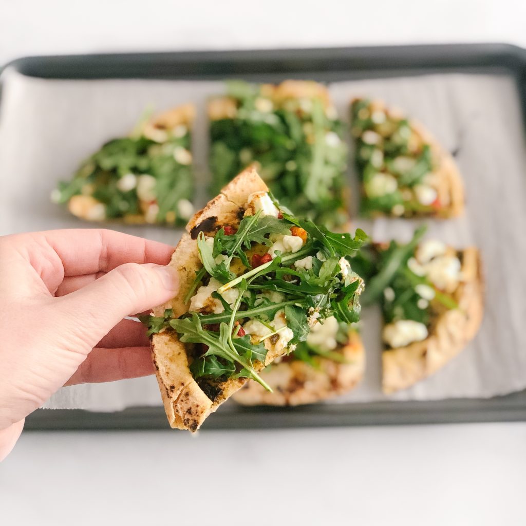 Quick and Healthy Pesto and Goat Cheese Pita Pizza (no prep required)