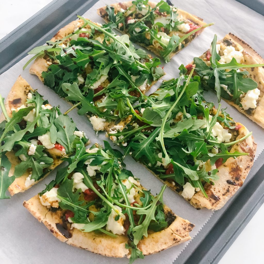 Quick and Healthy Pesto and Goat Cheese Pita Pizza (no prep required)