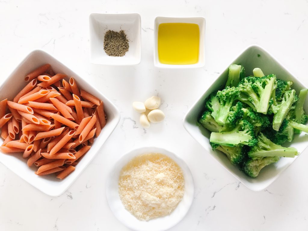 pasta, broccoli, garlic, parmesan cheese, oil, seasoning