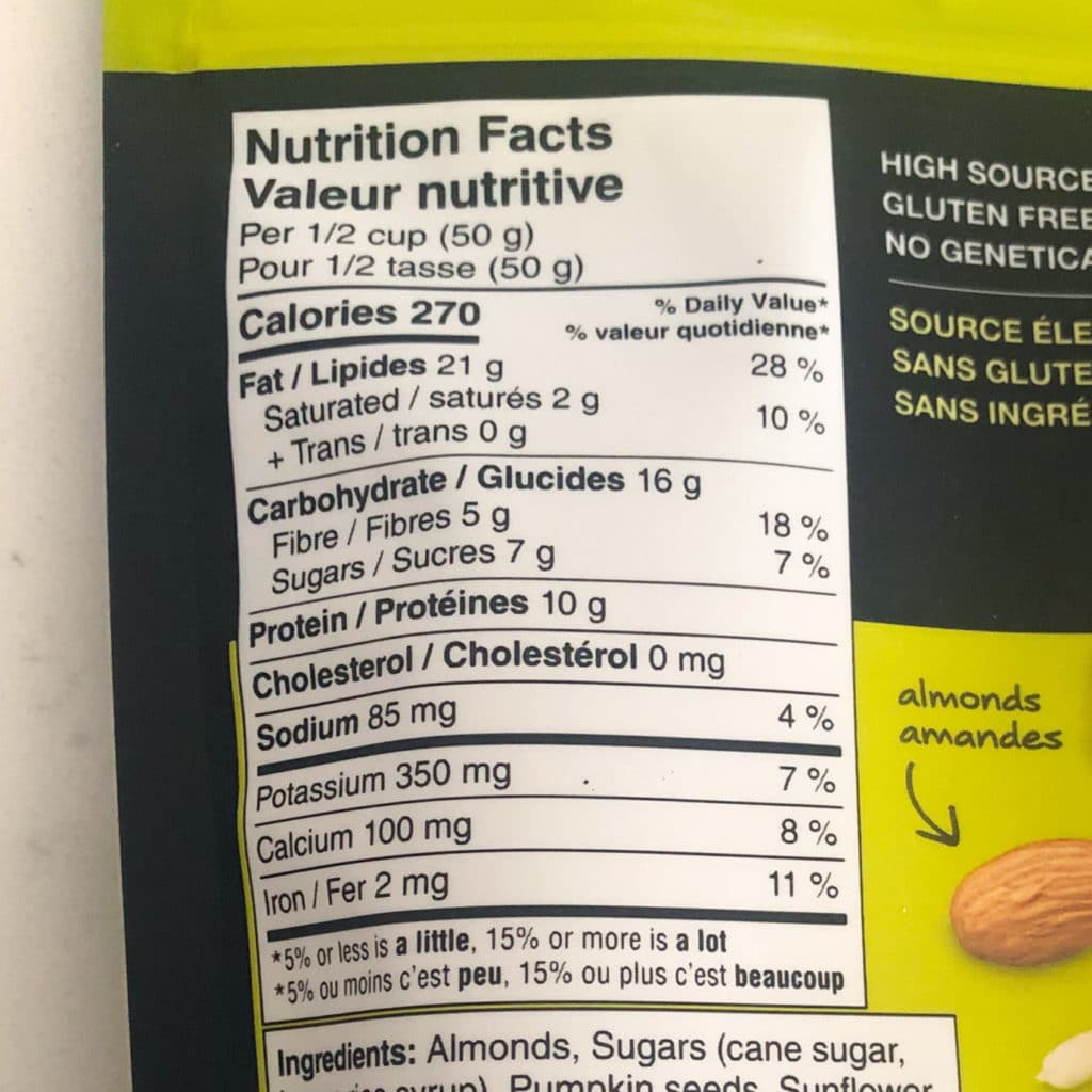 KIND clusters nutrition facts table