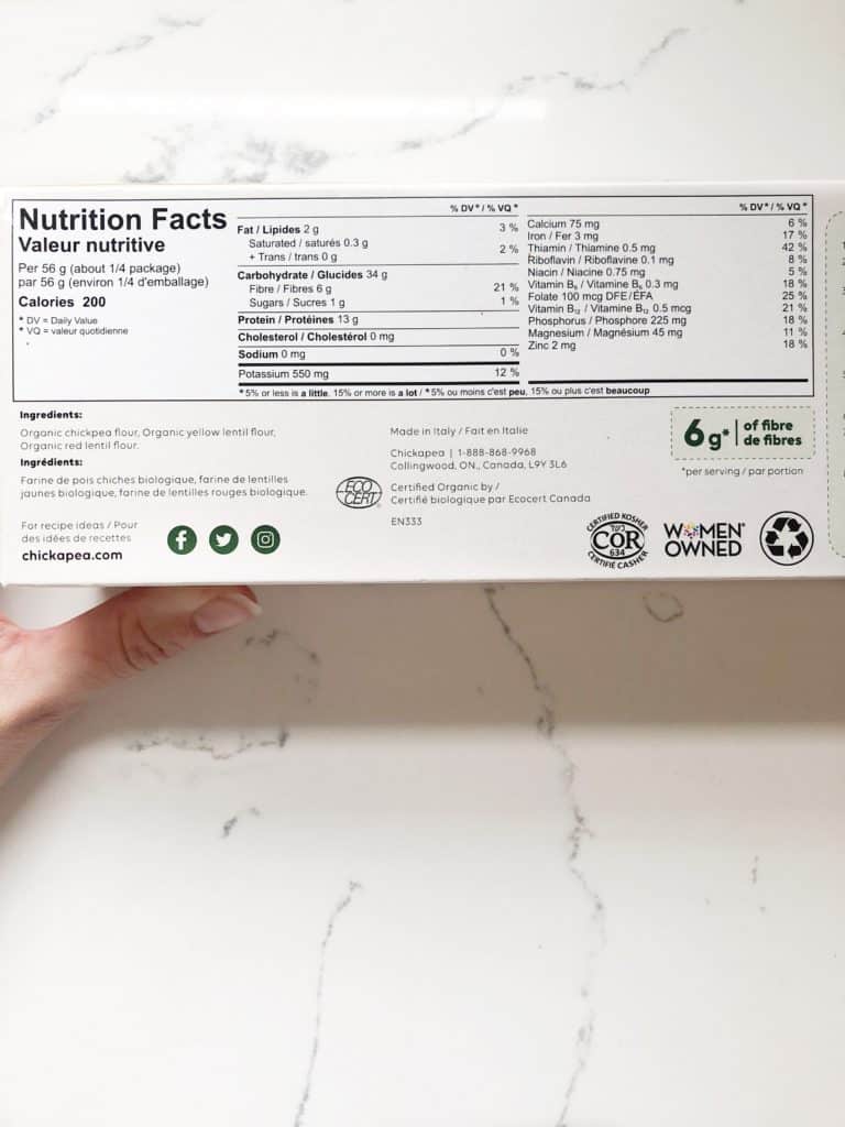 chickapea lasagne noodle nutrition facts