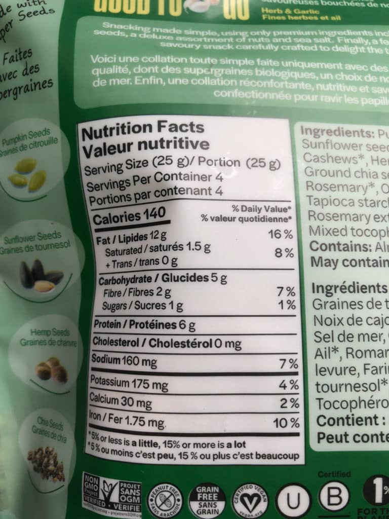 good to go nut and seed bites nutrition label