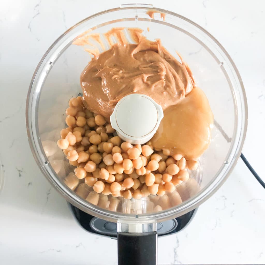 chickpeas, peanut butter, honey in a food processor