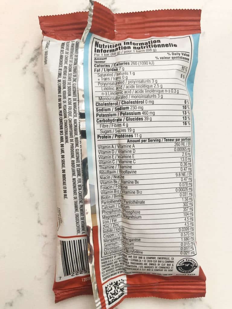 nutrition facts table - clif bar