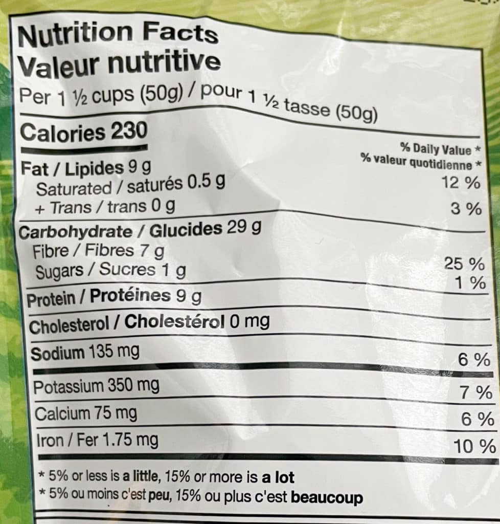 Harvest snaps - nutrition facts table