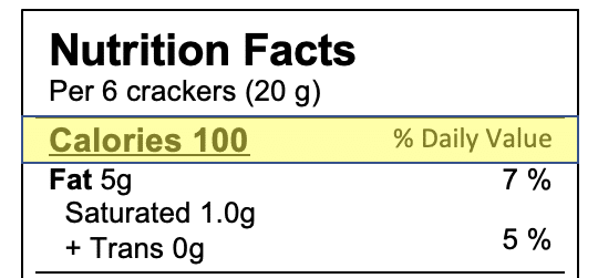 Calories - nutrition facts table