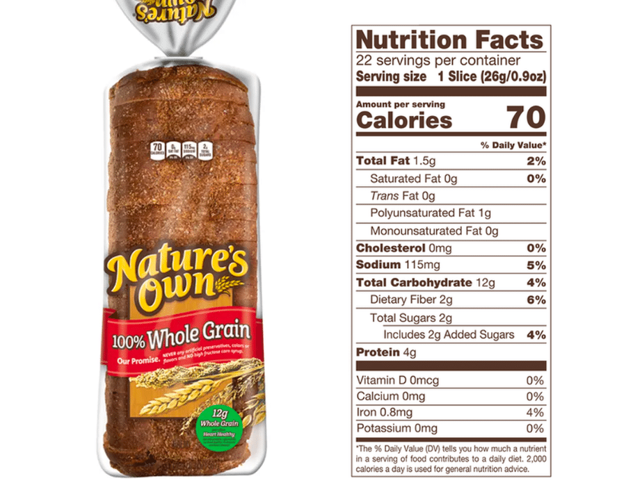 Natures own whole grain bread nutrition facts