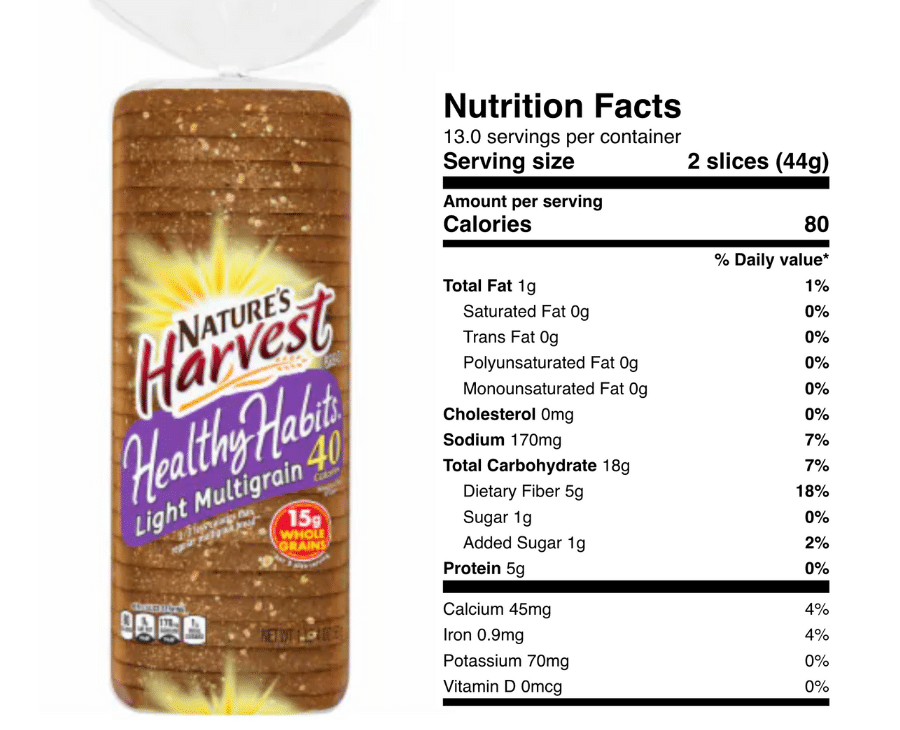 Nature's Harvest Whole Grain bread nutrition facts