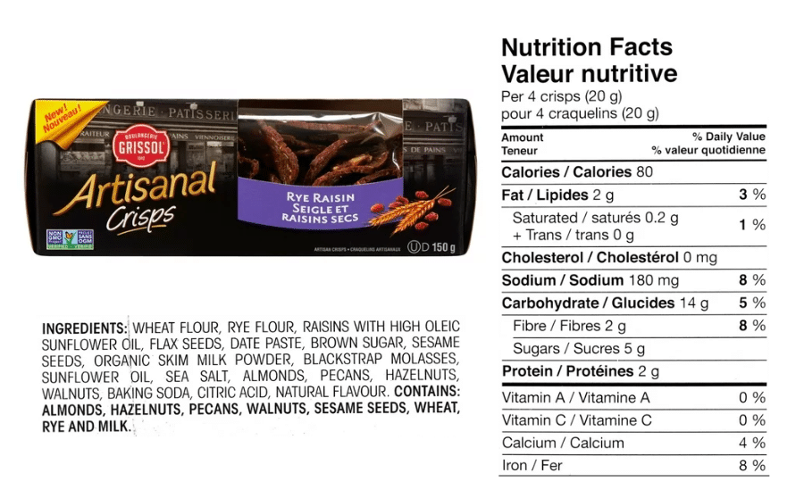 Grissol Artisanal Crisps Rye Raisin - nutrition facts